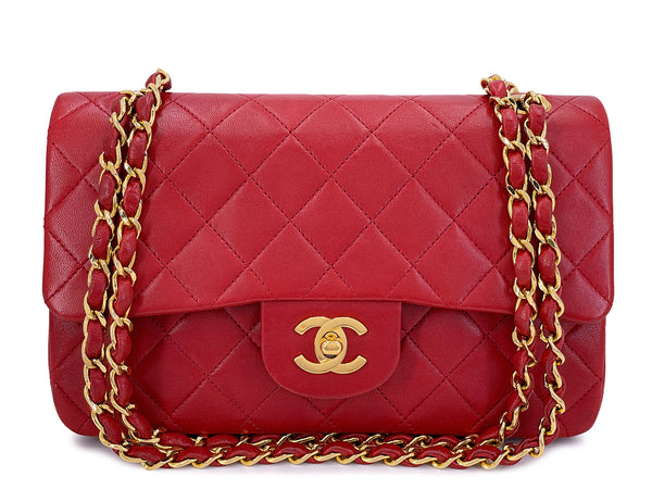 Chanel Vintage Red Small Classic Flap Bag 24k GHW Lambskin Double 1988 2KW