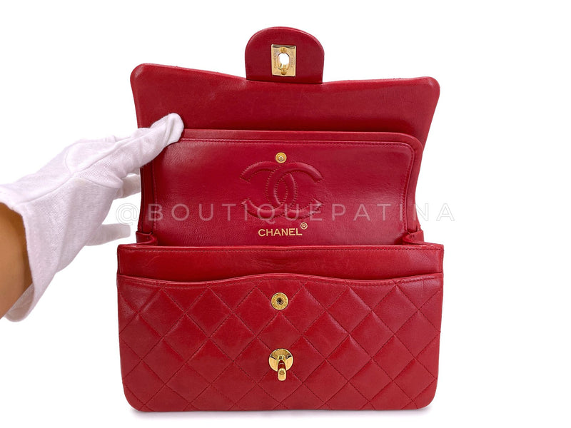 Chanel Vintage Red Small Classic Flap Bag 24k GHW Lambskin Double 1988 2KW