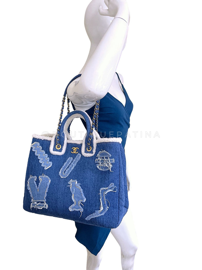 Chanel Denim Shearling Tote Bag Egyptian Paris-NY Convertible 19A GHW J7T