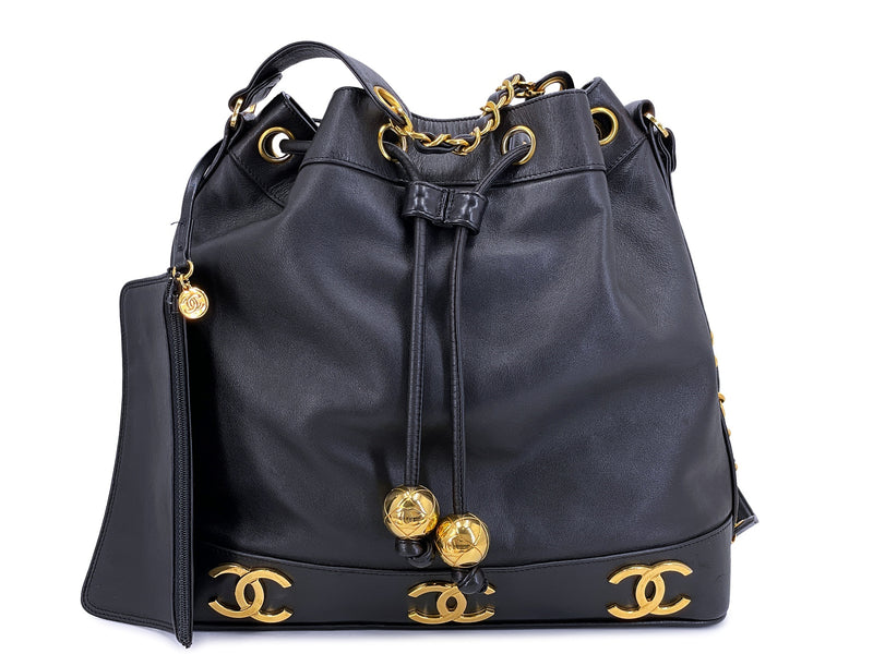 Chanel Bucket Bag 6-CC Rectangular Black Drawstring 24k GHW Lambskin MKT