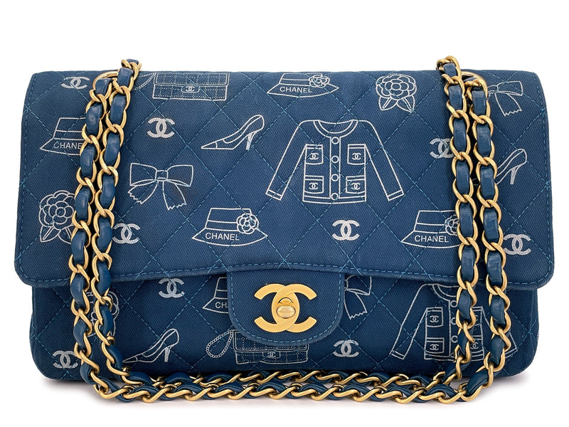 Chanel Vintage Blue Denim ICONS Medium Flap Bag Classic 2003 Printed Canvas 24k GHW 6A3