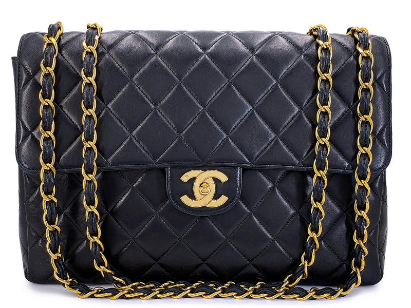 Chanel Black Vintage Jumbo Classic Flap Bag 24k GHW Lambskin GRP