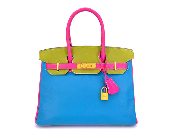 Hermès Special Order Chèvre 30cm Birkin Brushed Gold HW Pink Green Blue Bag D6T