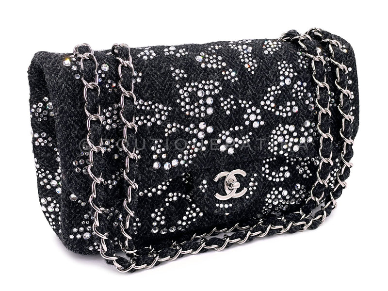 Chanel 2010 Leopard Crystal Studded Wool Tweed Classic Flap Bag SHW MM1