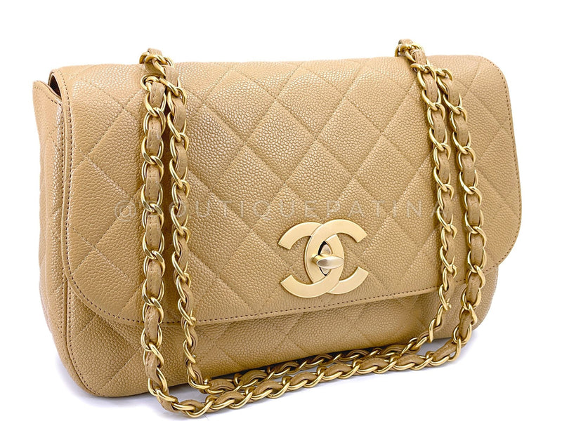 Chanel Vintage Beige Curved Caviar Jumbo Flap Bag 24k GHW Classic 2001 MQV