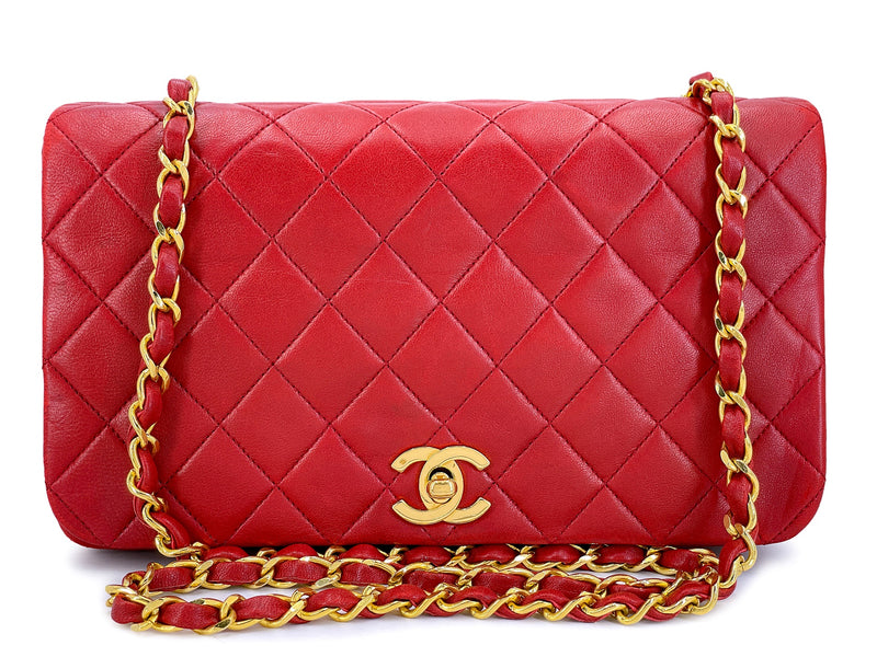 Chanel Vintage Red Full Flap Bag 1989 Quilted Lambskin 24k GHW Lambskin