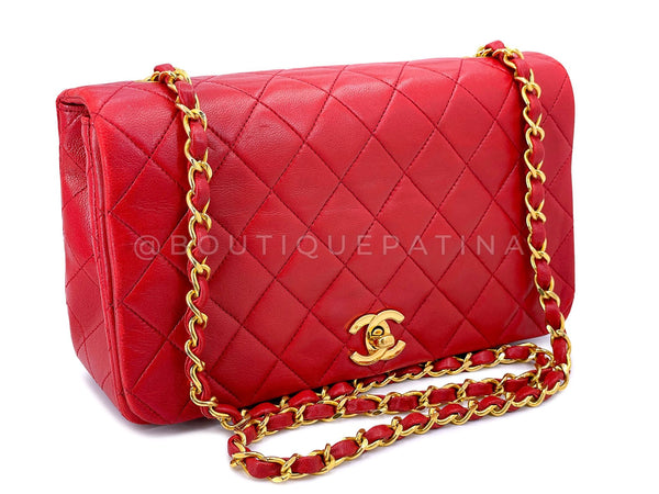 Chanel Vintage Red Full Flap Bag 1989 Quilted Lambskin 24k GHW Lambskin