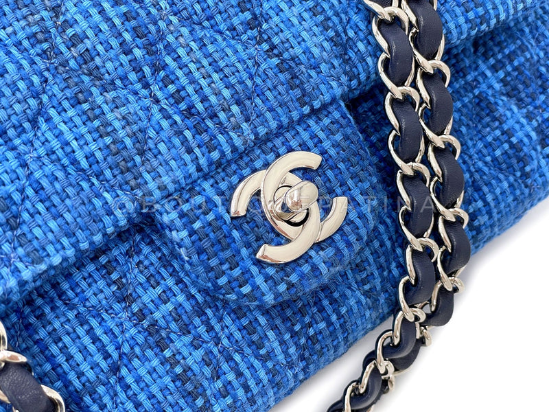 Chanel Blue Tweed Medium Classic Double Flap Bag SHW  QEU