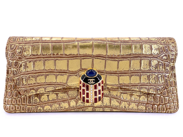 Chanel 19A Egyptian Crocodile Print Scarab Clutch Gold Paris-New York Bag TI9