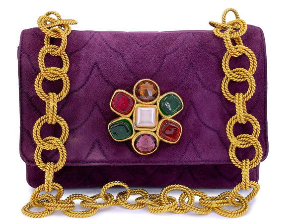 Chanel Vintage Jeweled Gripoix Flap Bag 1991 Purple Quilted Suede 24k GHW 58R