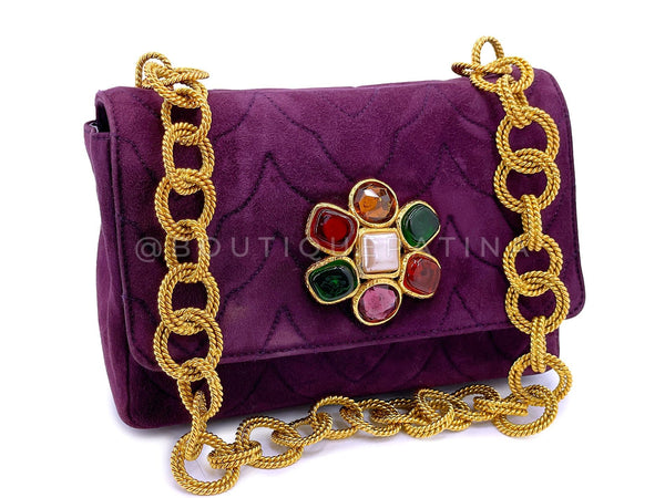 Chanel Vintage Jeweled Gripoix Flap Bag 1991 Purple Quilted Suede 24k GHW
