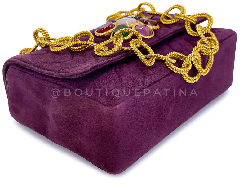 Chanel Vintage Jeweled Gripoix Flap Bag 1991 Purple Quilted Suede 24k GHW 58R