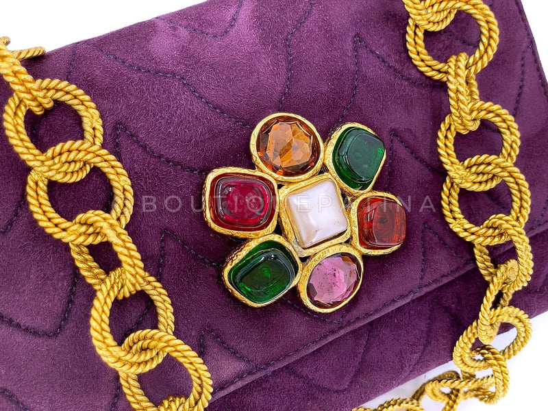 Chanel Vintage Jeweled Gripoix Flap Bag 1991 Purple Quilted Suede 24k GHW 58R