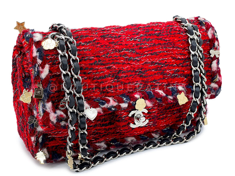 Chanel Red Fringe Tweed Charms Medium Classic Double Flap Bag SHW SEM