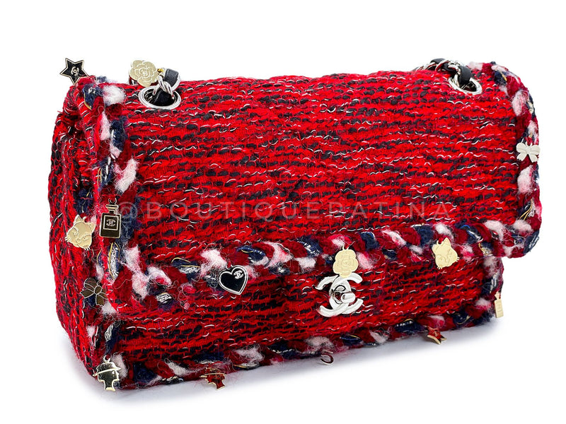 Chanel Red Fringe Tweed Charms Medium Classic Double Flap Bag SHW SEM