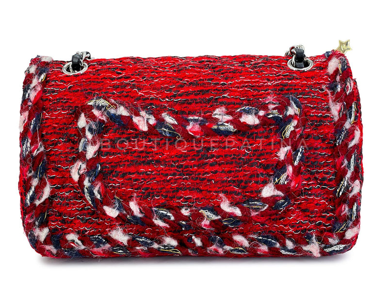 Chanel Red Fringe Tweed Charms Medium Classic Double Flap Bag SHW SEM