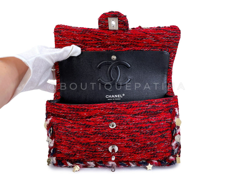 Chanel Red Fringe Tweed Charms Medium Classic Double Flap Bag SHW SEM