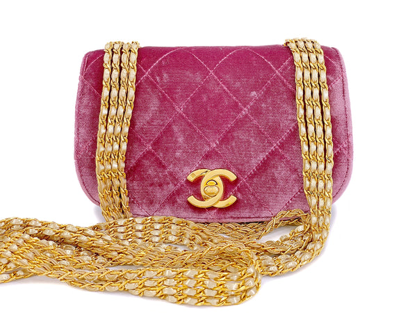 Chanel Vintage Mauve Pink Velvet Evening Bag Quadruple Chain 24k GHW 1996 CCU