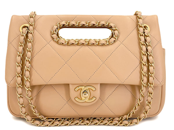 Chanel Beige Chain Handle A Real Catch Flap Bag GHW TTZ