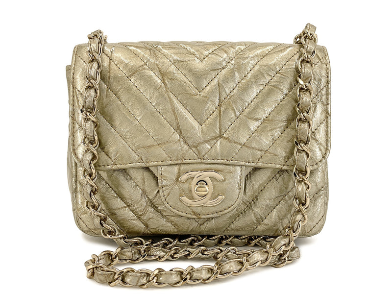 Chanel Gold Mini Flap Distressed Chevron Square 18S Crumpled Patent Bag GHW NPR