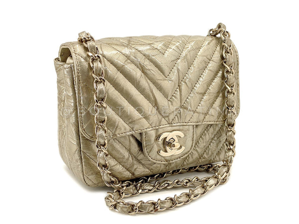 Chanel Gold Mini Flap Distressed Chevron Square 18S Crumpled Patent Bag GHW NPR