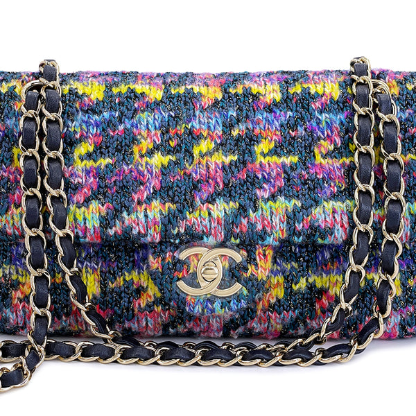 Chanel 2020 Rainbow Tweed Houndstooth Medium Classic Flap Bag GHW