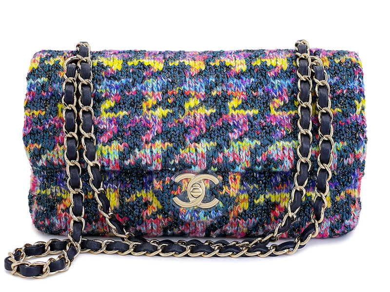 Chanel 2020 Rainbow Tweed Houndstooth Medium Classic Flap Bag GHW