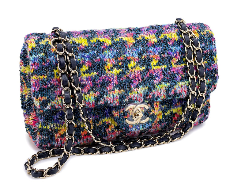 Chanel 2020 Rainbow Tweed Houndstooth Medium Classic Flap Bag GHW E8O