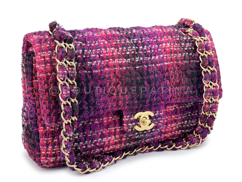 Chanel Fuchsia Purple Tweed Fused Chain Medium Classic Double Flap Bag GHW C06