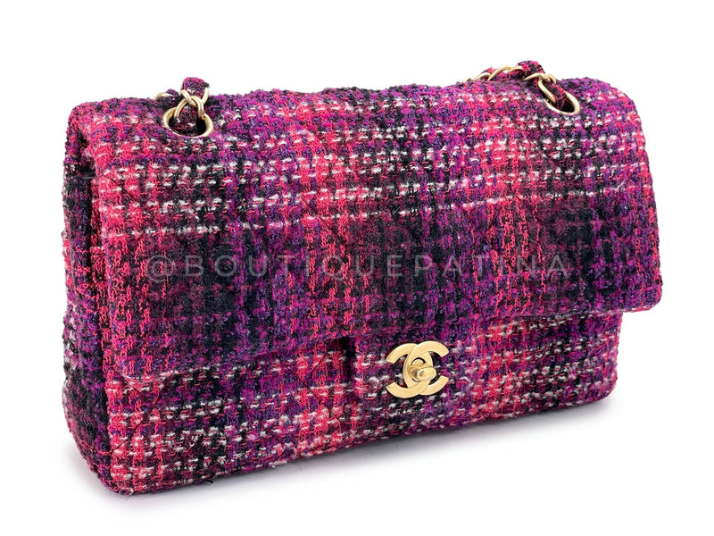 Chanel Fuchsia Purple Tweed Fused Chain Medium Classic Double Flap Bag GHW C06