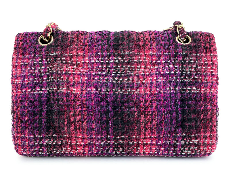 Chanel Fuchsia Purple Tweed Fused Chain Medium Classic Double Flap Bag GHW C06