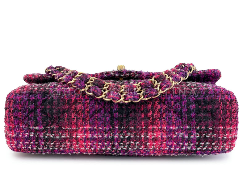 Chanel Fuchsia Purple Tweed Fused Chain Medium Classic Double Flap Bag GHW C06