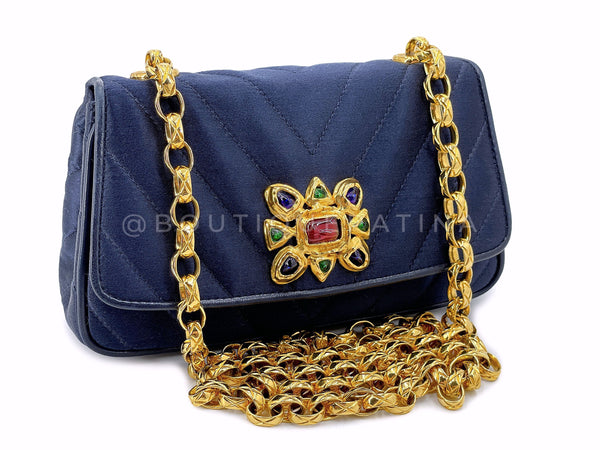 Chanel Vintage Gripoix Flap Bag Jeweled Navy Blue Chevron Satin 24k GHW XSO