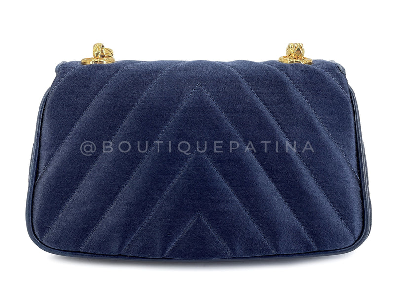 Chanel Vintage Gripoix Flap Bag Jeweled Navy Blue Chevron Satin 24k GHW XSO