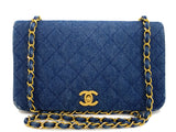 Chanel Vintage Denim Full Flap Bag 24k GHW 1990 Blue Classic 5CT