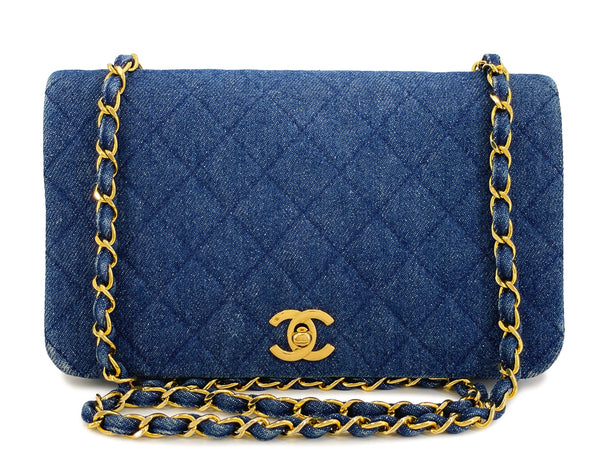 Chanel Vintage Denim Full Flap Bag 24k GHW 1990 Blue Classic