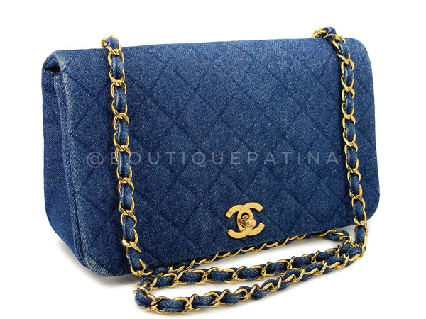 Chanel Vintage Denim Full Flap Bag 24k GHW 1990 Blue Classic