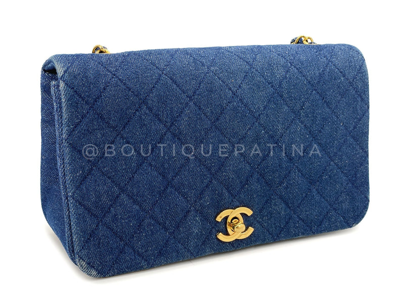 Chanel Vintage Denim Full Flap Bag 24k GHW 1990 Blue Classic 5CT