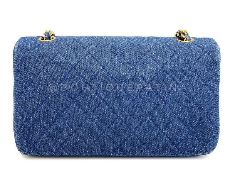 Chanel Vintage Denim Full Flap Bag 24k GHW 1990 Blue Classic 5CT