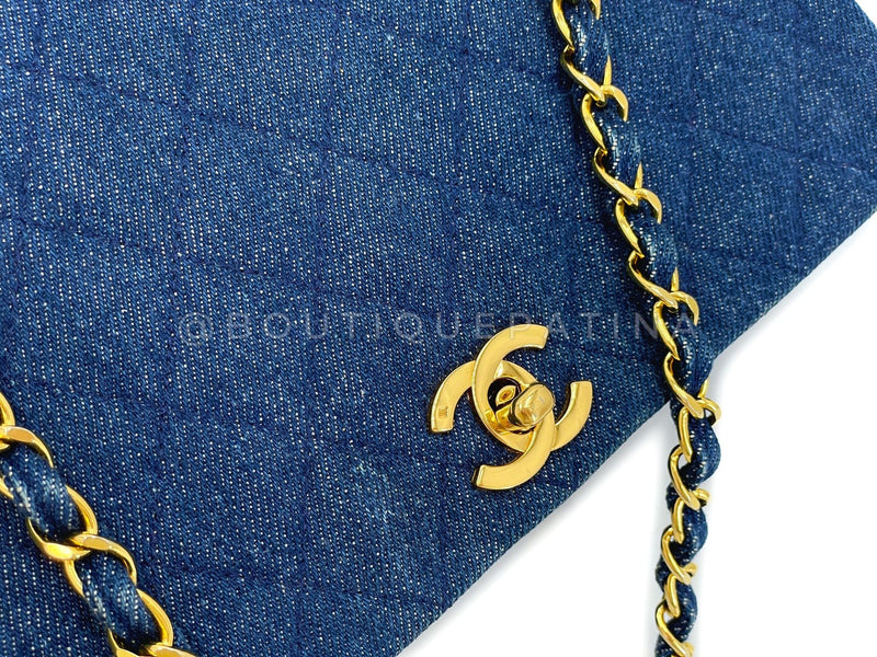 Chanel Vintage Denim Full Flap Bag 24k GHW 1990 Blue Classic 5CT