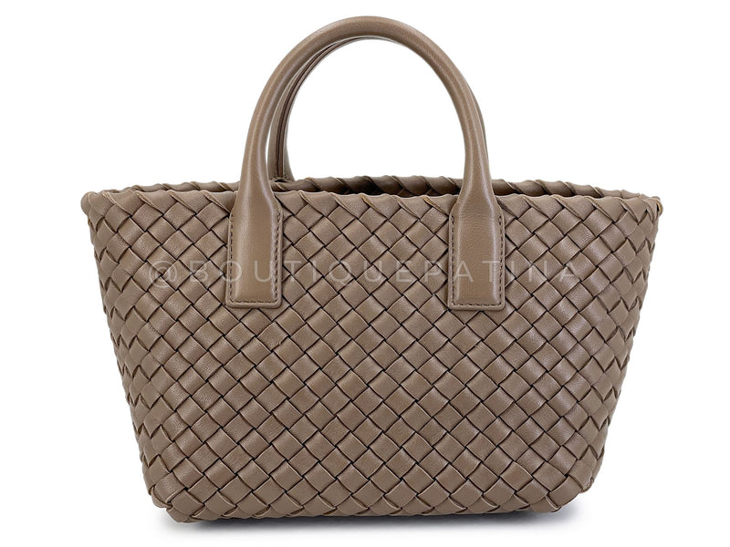 Bottega Veneta Taupe Beige Interciatto Mini Cabat Tote Crossbody Bag