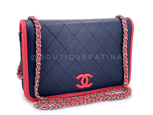 Chanel Navy and Coral Pink Covered CC Wallet on Chain WOC Bag Pristine