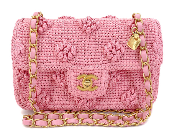 Chanel 24P Pink Raffia Straw Mini Recangular Flap Bag with Charms GHW