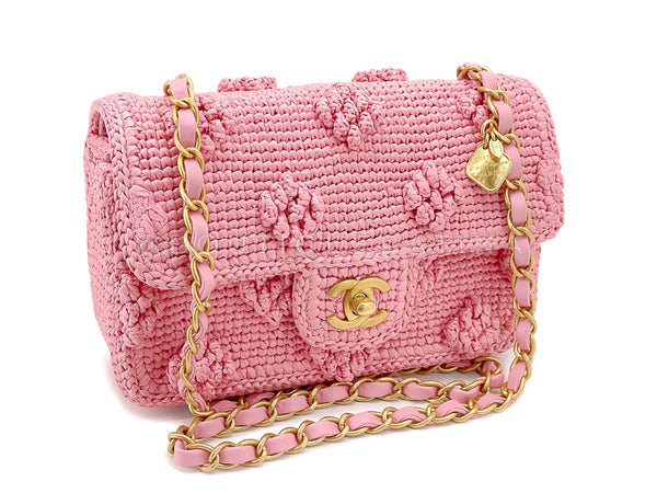 Chanel 24P Pink Raffia Straw Mini Recangular Flap Bag with Charms GHW