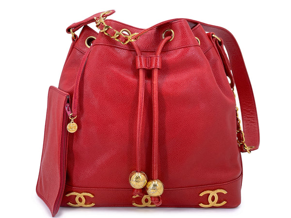 Chanel Vintage 1995 Red Caviar Drawstring Bucket Bag 6-CC 24k GHW