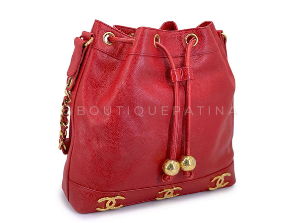 Chanel Vintage 1995 Red Caviar Drawstring Bucket Bag 6-CC 24k GHW