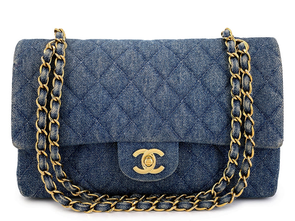 Chanel 1998 Vintage Blue Denim Medium Classic Double Flap Bag 24k GHW 54A