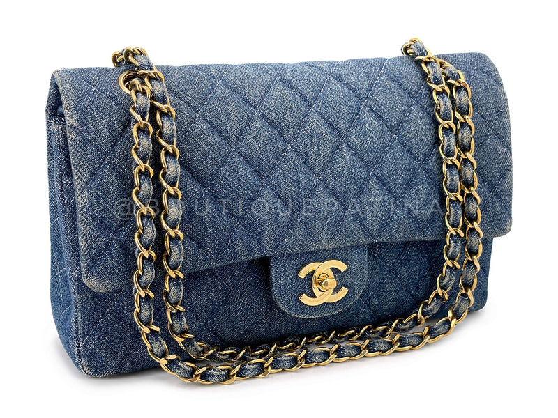 Chanel 1998 Vintage Blue Denim Medium Classic Double Flap Bag 24k GHW 54A