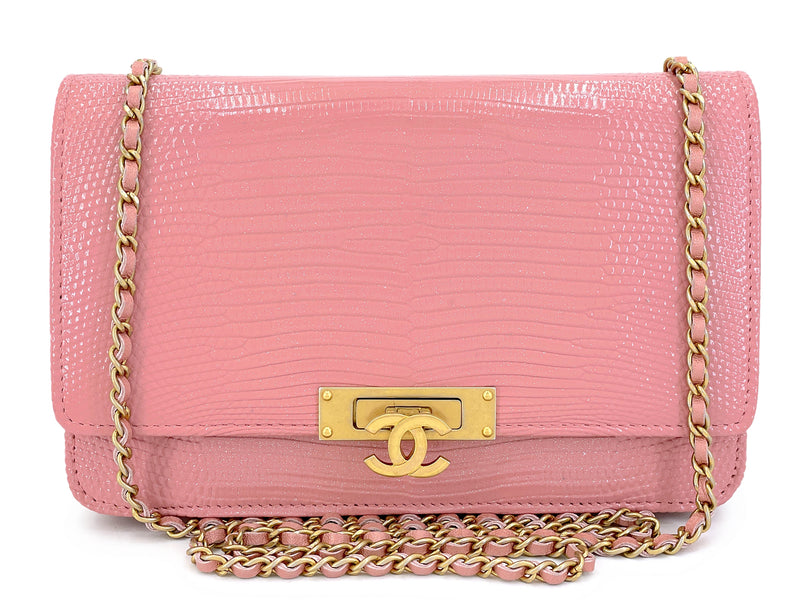 Chanel Pink Iridescent Lizard Golden Class WOC Wallet on Chain Flap Bag HK5