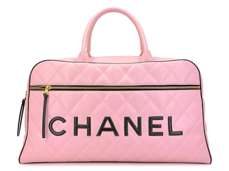 Chanel 1995 Vintage Pink XL Large Duffle Bowler Lettered Logo Bag J90